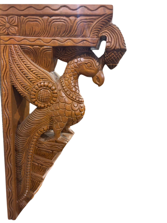 Hand-carved peacock wall bracket
